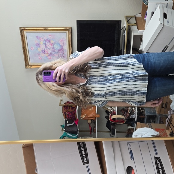 En Creme Women's Beige & Blue Striped Blouse Button Front Collar Top Size Small - Picture 1 of 13